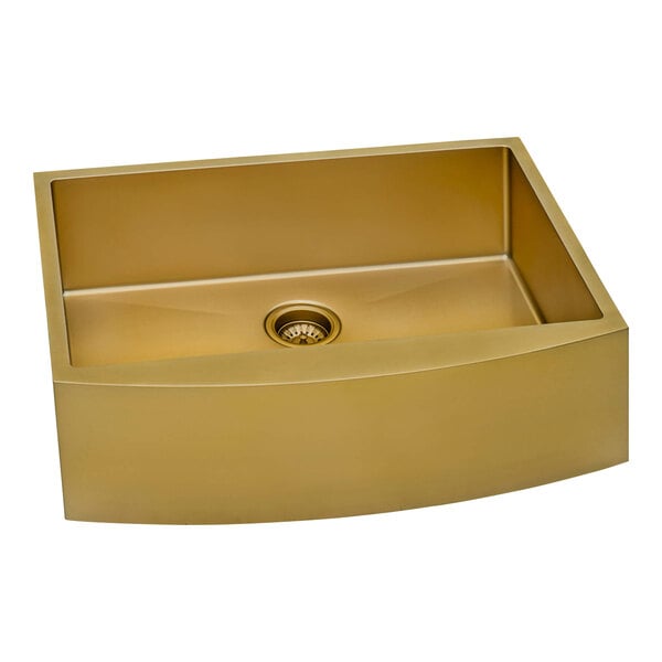 A Ruvati Terraza stainless steel farmhouse sink with a gold brass tone and a square bowl.