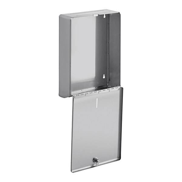 A stainless steel Lavex paper towel dispenser with a door open.
