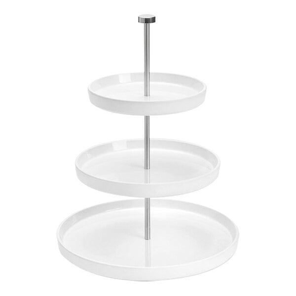 An American Metalcraft white melamine 3-tier display stand with a metal pole.