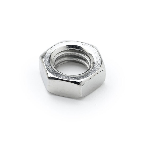 A close-up of a stainless steel T&S side body bottom lock nut.