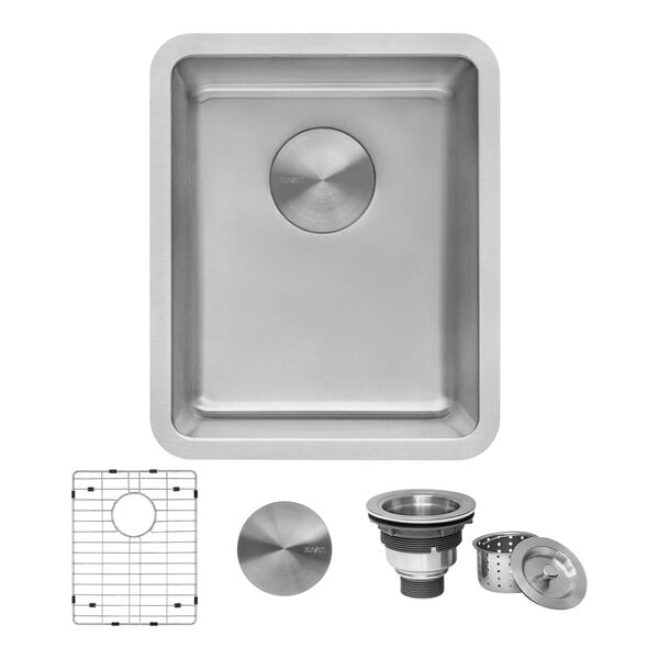 A close-up of a Ruvati stainless steel sink with a drain.
