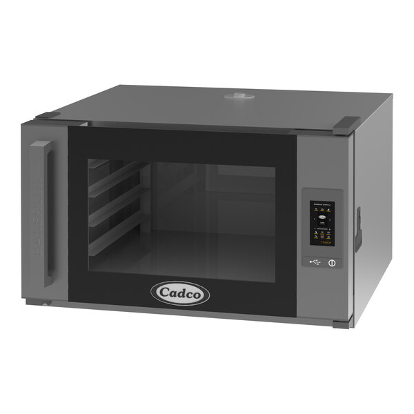 A black Cadco Bakerlux countertop convection oven with a left side door.