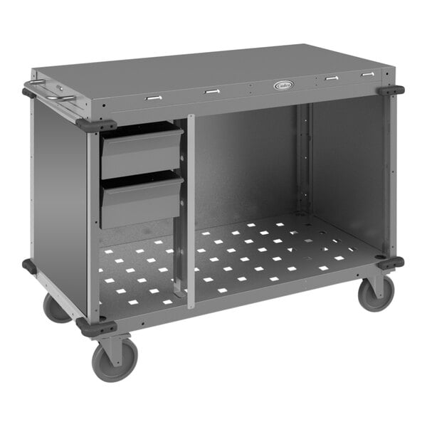 A gray metal Cadco demo cart with shelves and drawers on wheels.