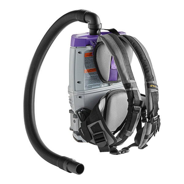 A grey and black ProTeam GoFit backpack vacuum with a hose attached.
