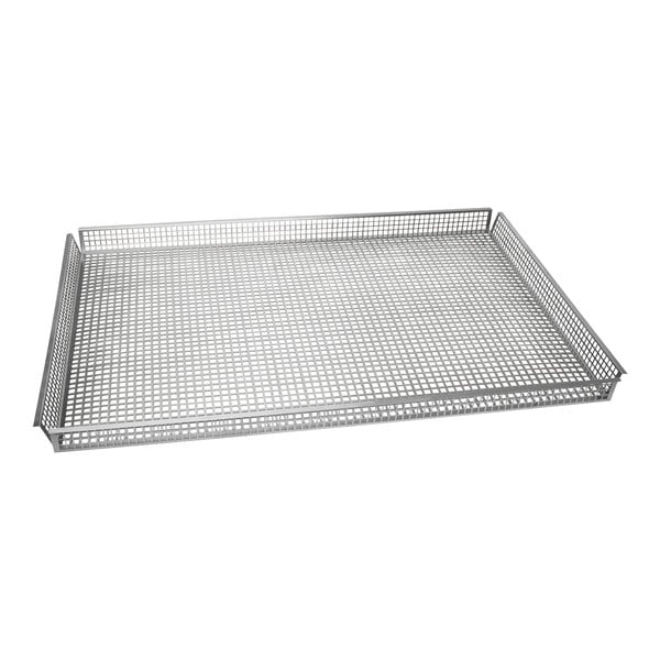 A metal Cadco oven basket with a grid.