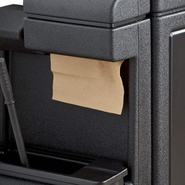 A black Lavex open top waste container with a paper towel dispenser attached.