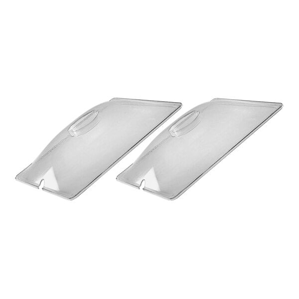 A pair of clear plastic covers with a handle for Cadco countertop food warmers.