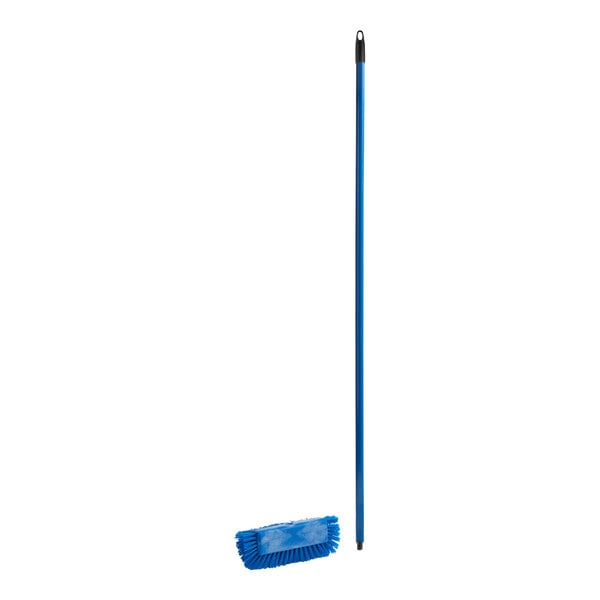 A blue bi-level floor and wall scrub brush with end bristles and a matching blue 60-inch metal handle.