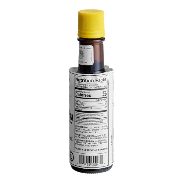 A 4 fl. oz. bottle of Angostura aromatic bitters with a yellow cap and a nutrition facts label.