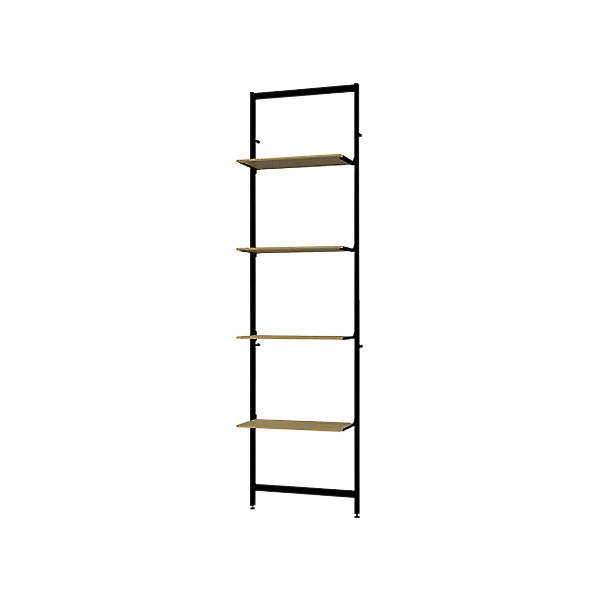 A black Udizine wall-mount retail clothing display with shelves.