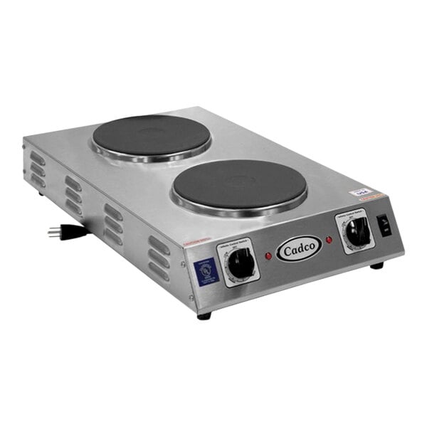 A Cadco stainless steel double burner hot plate on a counter.