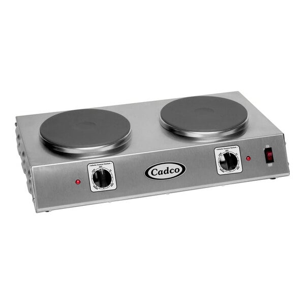 A Cadco stainless steel double burner electric hot plate on a counter.