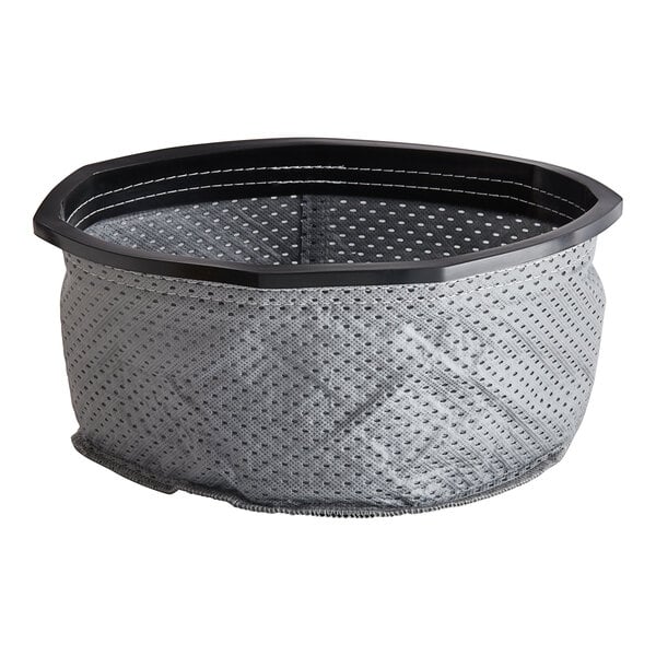 A grey fabric basket with black trim.