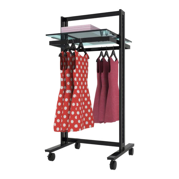 A black Udizine retail clothing display rack with two dresses on it.