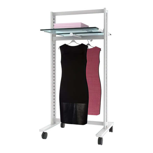 A Udizine white mobile clothing display stand with a dress on it.