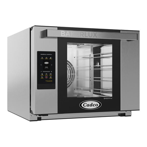 A black and silver Cadco Bakerlux countertop convection oven with a glass door.