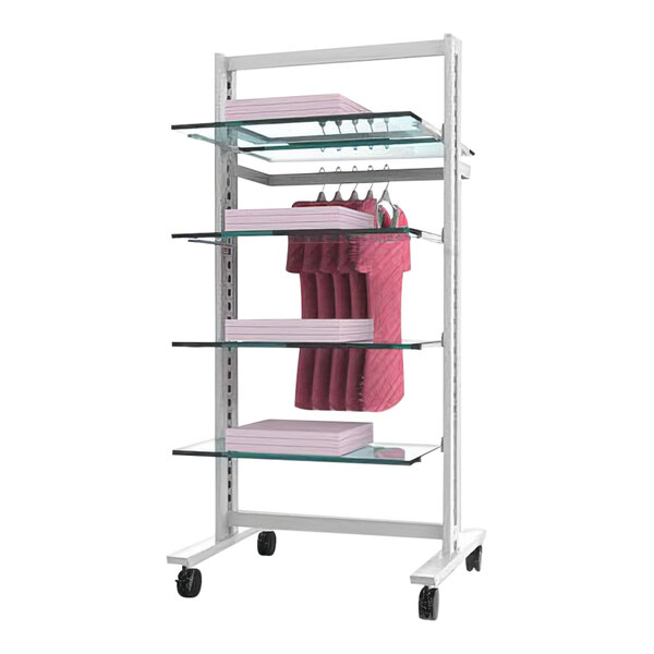 A white Udizine retail clothing display rack with clothes hanging on it.