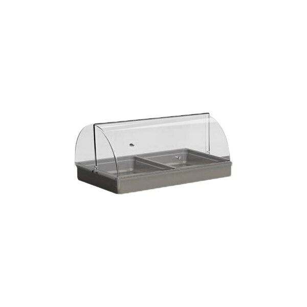 A clear polycarbonate container with a clear cover on a counter.