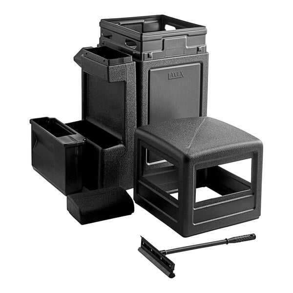 A black plastic dome top waste container with a handle.