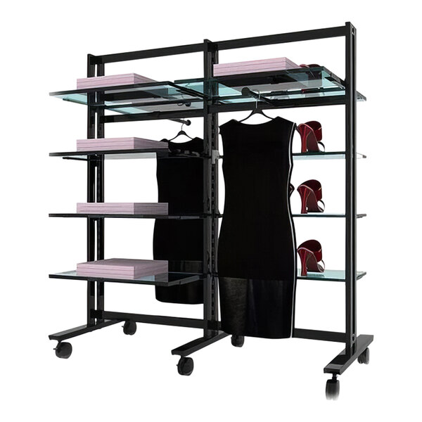 A black Udizine retail clothing display stand with faceouts for shelves.