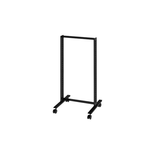 A black metal Udizine Vertik mobile retail clothing rack with wheels.