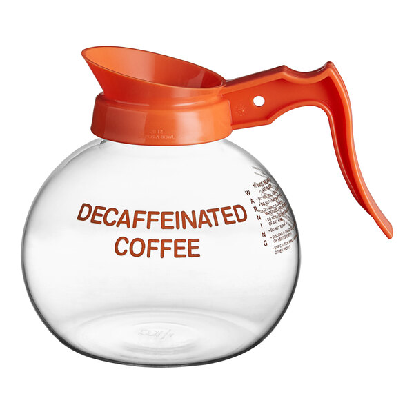A Curtis glass decaf coffee decanter with an orange decaf only logo.