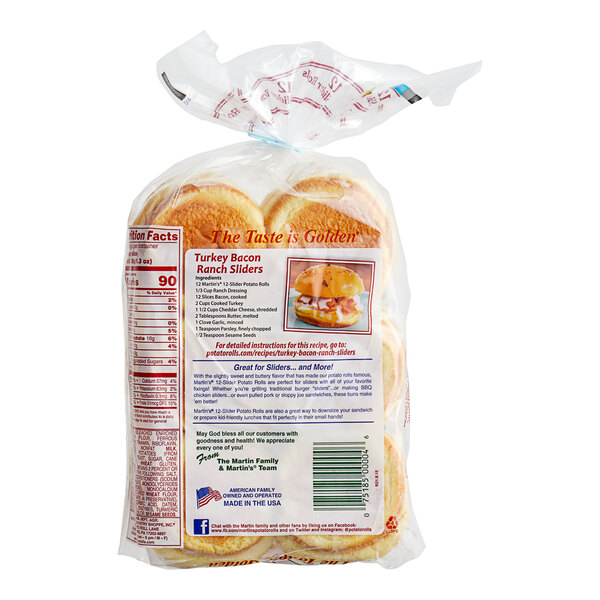 A white bag of Martin's Famous Frozen Slider Potato Rolls with orange and blue accents.