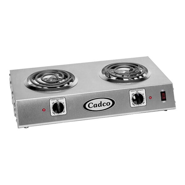 A silver Cadco double burner hot plate on a counter.