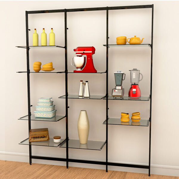 A black Udizine wall-mounted retail clothing display with shelves holding a variety of clothing.