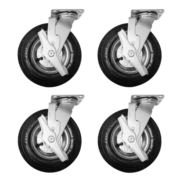 A group of four black Cadco pneumatic wheels.
