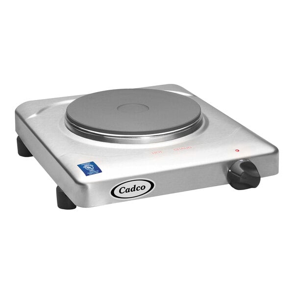 A silver Cadco portable electric hot plate with a black knob on top.