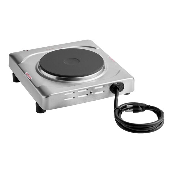 Cadco KR-S2 Single Burner Stainless Steel Portable Electric Hot Plate with 7 1/8" Cast Iron Element - 1,500W, 120V