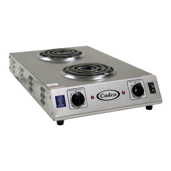 A Cadco stainless steel double burner hot plate on a counter.