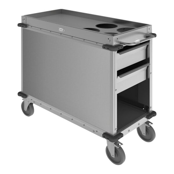 A silver Cadco MobileServ beverage cart with shelves.