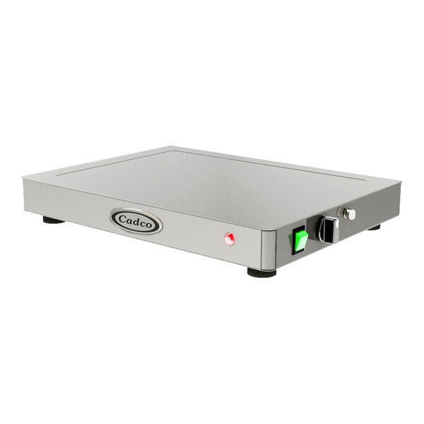 A silver rectangular Cadco electric countertop warming shelf with buttons and a green light.