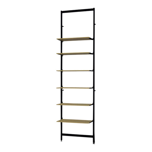 A black metal wall-mount retail clothing display shelf with shelves on each side.