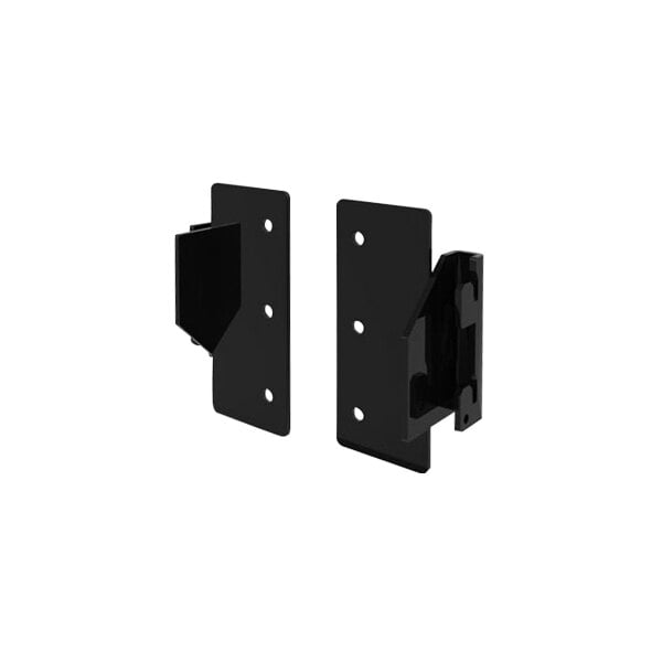 A black wood panel adapter with two metal brackets with holes on the side.