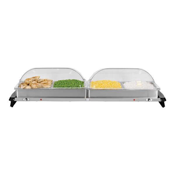 A Cadco countertop buffet server with two trays of food and roll top lids.