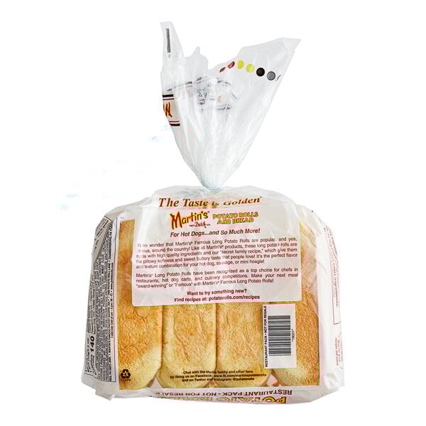 A white bag of Martin's Famous Top-Sliced Hot Dog Potato Rolls with a label.