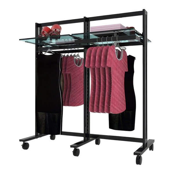 A black Udizine mobile retail clothing display rack with clothes on it.