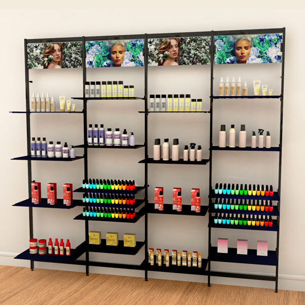 A black Udizine wall-mounted retail clothing display with shelves and sign/mirror clamps holding different colored bottles.