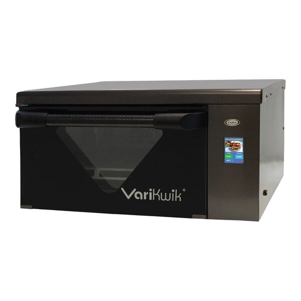 A black and silver Cadco VariKwik high-speed oven with a glass door on a countertop.