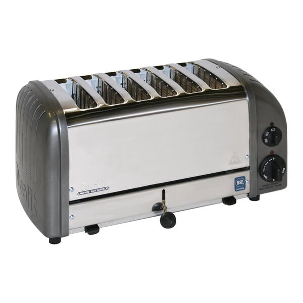 A silver and black Cadco 6-slice toaster with four slots on top.