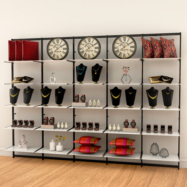 A black Udizine wall-mount retail clothing display with 5 sections holding shelves of clothing.