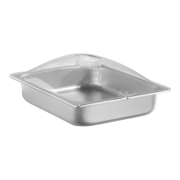 A Cadco stainless steel half size steam pan with a clear lid.