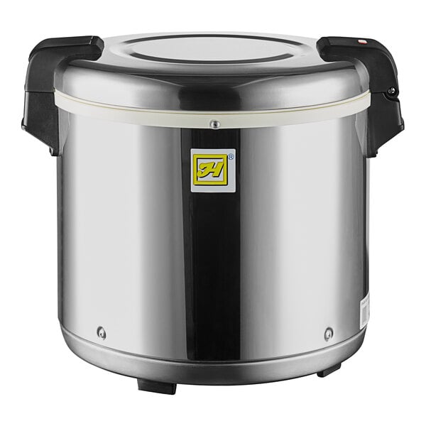 A silver stainless steel Thunder Group rice warmer with a black lid.