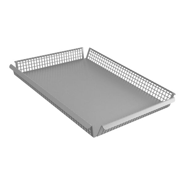 A white metal tray with mesh sides.