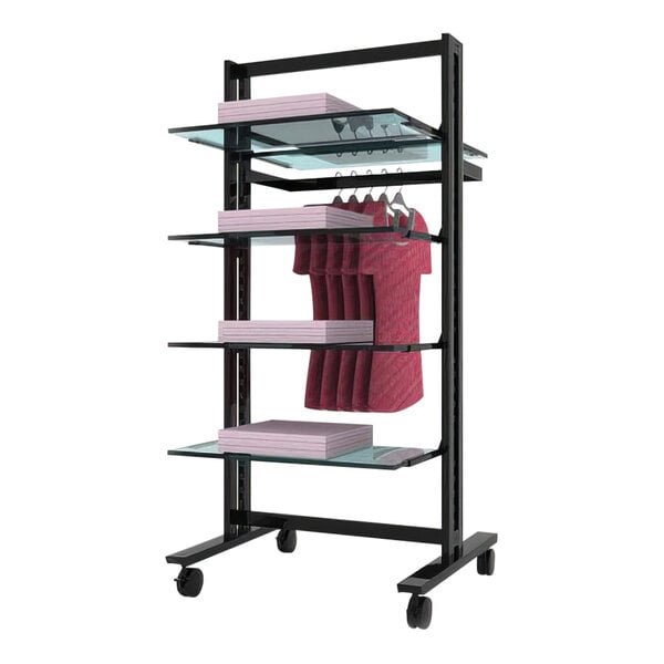 A black Udizine retail clothing display stand with clothes on hangers.