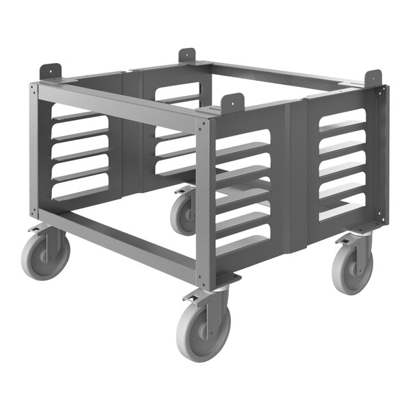 A metal frame with wheels for stacked convection ovens.