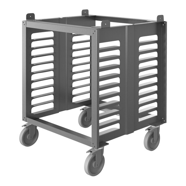 A black metal Cadco oven stand with wheels.